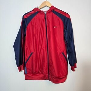 Nike Red & Navy Blue Full Zip‎ Windbreaker Hoodie Jacket Size L Swoosh Logo